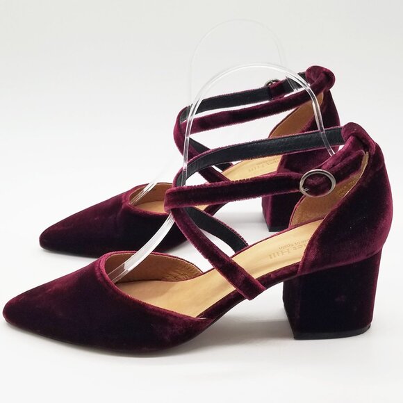 Garnet Hill Esta Crossover Strap Block Heels Burgundy Velvet Size 38 Pointy Toe - Picture 6 of 16